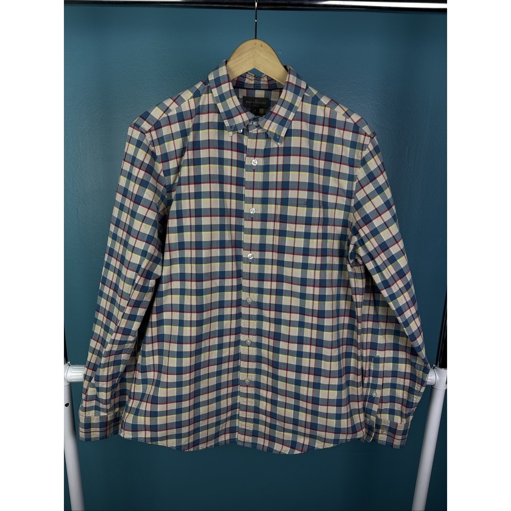 LL Bean Mens Signature Medium Slim Fit Plaid‎ Long Sleeve Button Up Shirt Preppy